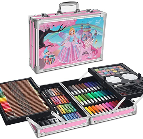 MIAOKE 145 TLG Malset, Malkasten, Deluxe Mega Aluminium Box & Zeichen-Kit mit Buntstifte, Marker, Acrylfarben, Wachsmalstifte, HB-Stifte, Aquarellkuchen, Pinsel, 18-Blatt-Skizzenblock- Rosa