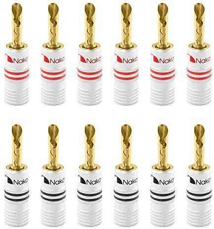Nakamichi 24K vergoldeter Bananenstecker 12 AWG - 18 AWG Gauge Größe 4mm für Lautsprecher Verstärker Hi-Fi AV Receiver Stereo Heimkino Audiokabel Stecker BFA Stecke (12 Stück (6-Paar), BFA Stecker)