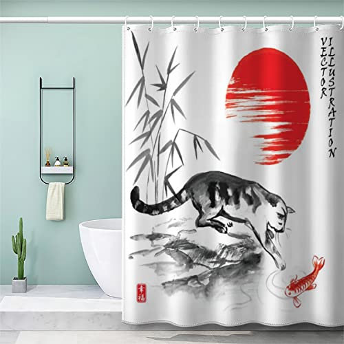 VULORA Rideau de Douche 90x180cm Chat du Soleil Tissu Polyester Anti Moisissure Imperméable Salle de Bains Rideau de Bain avec 12 Crochets pour Baignoire Salle de Toilette