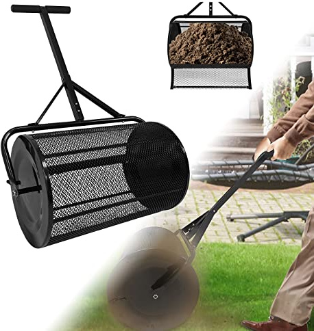 LZQ 65 cm kompostströare, torvmossströare, gödselströare, trädgårdsströare, metallflätad korg med förbättrat T-format handtag och sidoförslutningar för gräsmatta, trädgård