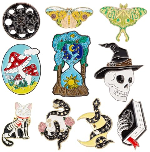 SUNNYCLUE 1boîte 10pièces Halloween Émail Broches Ensemble Style Gothique Papillon Épinglettes Crâne Squelette Tête Revers Broche en Vrac Lune Serpent Champignon Noir Chat Revers Broches pour Hommes F