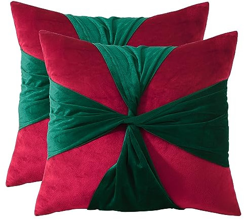 Tosleo 2er Set Weihnachten Kissenbezug aus Samt 45x45CM Grünes Band Dekokissen Deco Kissenbezüge Merry Christmas für Sofa Wohnzimmer Schlafzimmer Couch Party