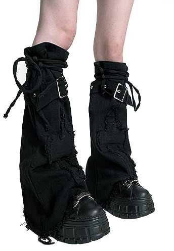 Sexybody Beinstulpen für Damen und Mädchen, Y2K, Kawaii, coole Gothic-Ausgestellte Beinstulpen, Gyaru, Punk, langes Bein, Baggy, Grunge Socken, Denim, Schwarz844, Einheitsgröße