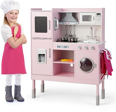 COSTWAY Cocina Juguete para Niños, Cocina de Juego con Campana Extractora, Máquina de Hielo y Teléfono, 16 Accesorios, Sonidos y Luces Reales, Set de Cocina de Chef de Madera para Niños de 3+ Años