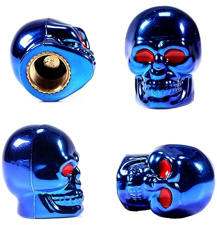 MACHSWON Ventilkappen im Totenkopf-Stil, rostfreier Kupferkern, universelle Schaftabdeckungen für Autos, SUVs, Fahrrad und Fahrrad, LKW, Motorräder, 4 Stück (blau)