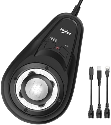 PXN A7 Shifter PC, Gangschaltung PC für Lenkrad mit 6 Gängen, Rückwärtsgang, Hoch-/Niedrig-Geschwindigkeits-Taste, 3 Kabel (USB, RJ11, DIN), universeller H-gangschaltung