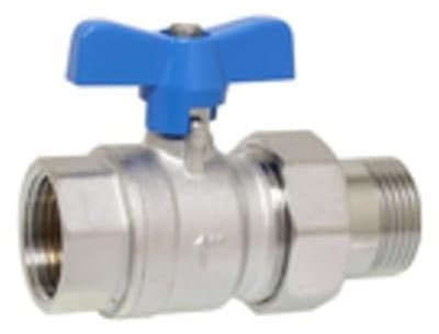 Kugelhahn KHKV 34, Ø G 3/4 mit Verschraubung Silber Blauer Knebelgriff Messing