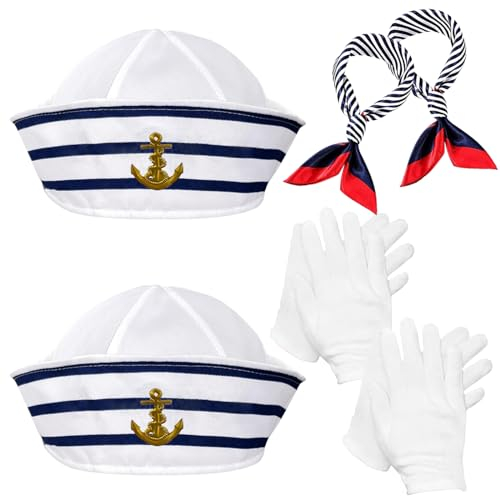 Kapitän Matrosen Kostüm, 6 PCS Streifen Matrosenmütze und Schal-Set,Marine Outfit Matrosenschiff-Kappe Kapitänsmütze Schal Kostüm für Kinder,Marineblaue Hüte Matrosen Party Kostüm für Damen und Herren