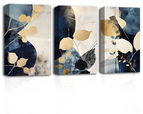 LZIMU Marineblau und Gold Wanddekoration 3-teilig abstrakte Bilder Blau Beige und Gold Leinwand Kunstdrucke Blattgold Gemälde für Heimdekoration (B, 28.00 x 35.00 cms x 3PCS)