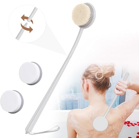 Back Scrubber for Shower in Use, 21inch Extra Long Handle Back Brush with Soft Natural Bristles, Men and Women Body Washer for Elderly, Disabled, Limited Mobility, Frozen Shoulder