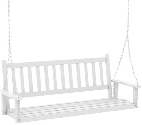 GOPLUS Balançelle Jardin 2/3 Places Extérieur, Chaise Hamac Siège Suspnedue en Bois avec Chaînes de Suspension Ajustables, Dossier à Lattes et Accoudoirs Lisses, Charge 230/360KG(168x65x63CM,Blanc)