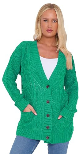 OutfitsbySMILE Women's Ladies Long Sleeve Button Top Chunky Aran Cable Knitted Grandad Cardigan Jade Green UK Size 20/22