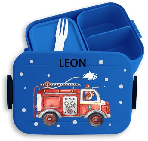 Kinder Bento Box Midi für Mepal Bentobox - Lunchbox Feuerwehrauto Brotbox Feuerwehr I 112 I Löschfahrzeug - 900 ml - Blau - personalisierte geschenke kind brotdose krippe junge feuerwehrmann name
