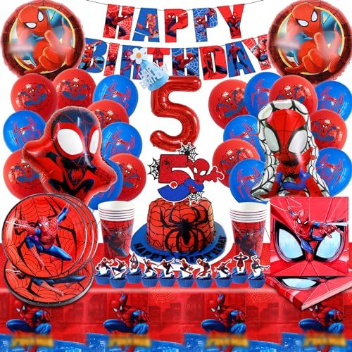 91 Stück Spiderman Geburtstagsdeko 5 jahre, Spiderman Ballon, Spiderman Partygeschirr, Spiderman Geburtstagsdeko,Spiderman Deko Ballon Teller Tasse Tischdecke Servietten Pull Flag für Kindergeburtstag