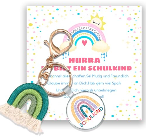 ENSTAB Einschulung Mädchen Geschenk Regenbogen Schlüsselanhänger Grußkarte Geschenkbox Einschulung Einschulungsgeschenk Mädchen und Junge (Grün)