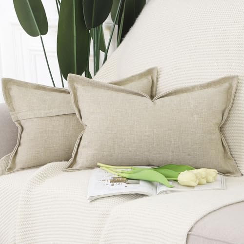 Madizz 2er Set Polyester Leinen Kissenbezügen mit breiter Kante Weiche dekorative Kissenbezüge für Sofa Schlafzimmer Kissenhülle Beige 40x60 cm Rechteckig