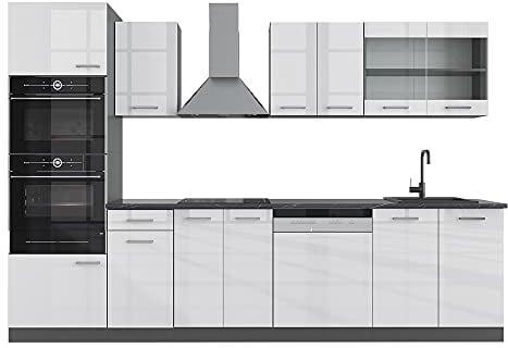 Vicco Küchenzeile R-Line, Weiß Hochglanz/Anthrazit, 300 cm mit Hochschrank, AP Marmor