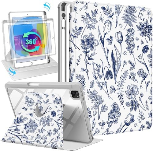 Kidcube Étui pour iPad Air 13 M2 2024/pour iPad Pro 12.9 (2022/2021/2020/2018) – Pour femmes et filles – Joli étui portefeuille avec porte-crayon – Motif floral bleu – Support rotatif