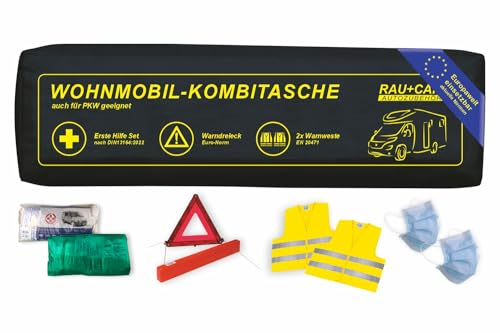 QUATTRO Kombitasche schwarz (4 in 1) NEU und AKTUELL 2025 NORM – Komplett mit Warndreieck, 2 x Warnweste – Verbandtasche Auto DIN 13164:2022 - alles StVO konform - EUROPA gültig
