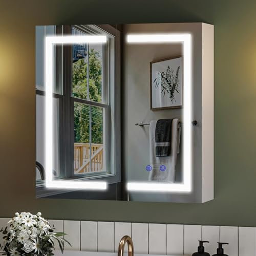 BELIWIN Bathroom Wall-Mounted Mirror Cabinet with Led Lights and Shaver Socket,Upgraded Illuminated LED Bathroom Cabinets with Mirror,Demister Pad, Dimmable, 3 Colour Light, 600mm×600mm
