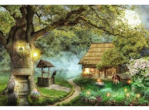 YongFoto 2,2x1,5m Fond De Photo De Forêt Enchantée Arbres Géants Maison en Bois Puits Ancien décoration de fête d'anniversaire de Conte de fées Magique pour Enfants séance Photo