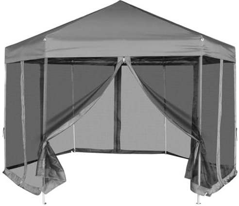 JUDYY Hexagonal Pop-Up Zelt mit 6 Seitenwänden Grau 3,6x3,1 m, Pavillon, Partyzelt, Gartenpavillon, Faltpavillon, Rennzelt, Anstellpavillon, Zelt Garten - 42111