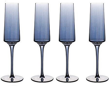 Lot de 2 verres en cristal, ensemble de vin artisanal, quatre flûtes à champagne en cristal bleu, verres à pied en cristal de 9,84 pouces de hauteur, design de tour classique et sans couture