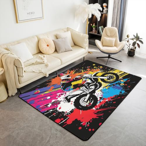 Dirt Bike Rutsch 100Bx150L Bereich Teppich,Motocross Reiter Teppich,Ölgemälde Extreme Sport Indoor Bodenmatte,Sport Spiel Abenteuer Dekorative Teppich Nicht Verschütten Maschinenwäsche Trocken,Schwarz