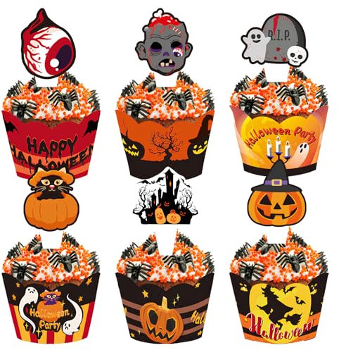 Halloween Cupcake Toppers Wrappers 24 Stück Halloween Cupcake Dekor Halloween Muffins Kuchen Deko Kürbis Ghost Fledermäuse Horror Cupcake Topper Dekor für Halloween Mottopartys Kuchen Muffins Desserts