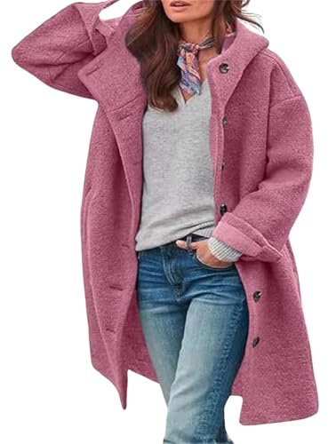 loveimgs Veste d'hiver décontractée à capuche simple boutonnage pour femme - Manteau long en laine - Trench coat