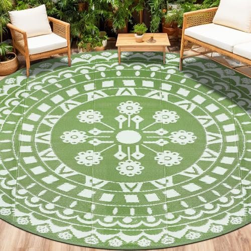 Capslpad Round Outdoor Garden Rugs ø240cm Waterproof Mat Reversible Plastic Straw Rug Boho Round Indoor Outdoor Area Rug Carpet for Garden RV Camping Balcony Backyard Deck Picnic Beach, Sage Green