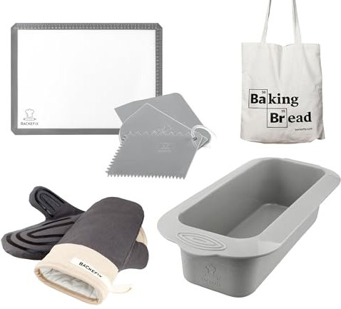 Backefix Kastenform Set : die perfekte Grundausstattung zum Kuchen oder Brot backen - Geschenk Set (Silikon Brotbackform, Ofenhandschuhe, 3x Teigkarte, Backmatte, Baumwolltasche)