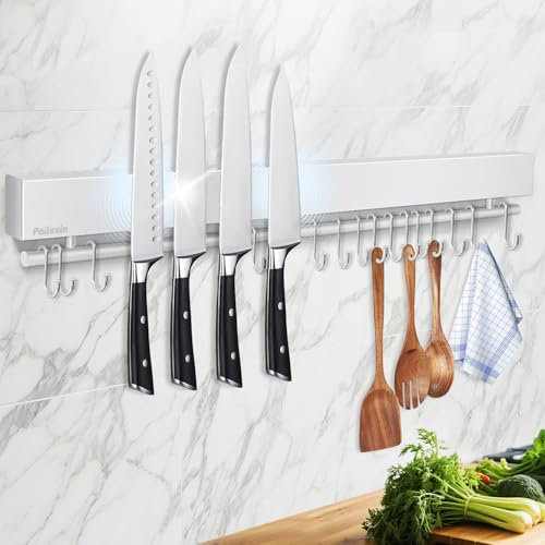 Porte-couteaux magnétique mural de 59 cm, Bande magnétique en acier inoxydable sans perçage avec 15 crochets/ruban adhésif/vis, support d'ustensiles de cuisine, organisateur de couteaux magnétique
