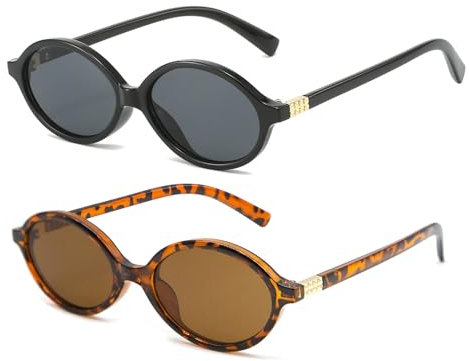 LJCZKA 2 Paare aus Retro Ovale Sonnenbrille Unisex Klassische Mode 90er Runde Ovale Kleine Sonnenbrille mit UV400 Schutz