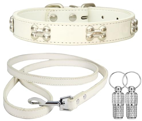 Suiecuor Halsband und Leinenhalsband hundehalsband kleine Hunde Lederhalsband Geeignet für kleine mittlere groß Hunde und Katzen Weiß S