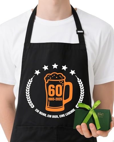 Geschenk zum 60. Geburtstag für Männer – Lustige Bier-Küchenschürze mit Geschenkbox, wasserdicht & verstellbar – Grillschürze/Kochschürze Herren Deko mit 2 Taschen