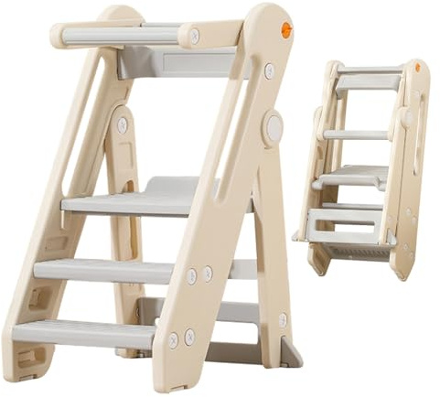 Uptyia Torre de Aprendizaje Plegable con Altura Ajustable para Niños | Con Barandilla y Asas, Escalera Antideslizante para Cocina o Baño, Beige, 52 × 54 × 83 cm