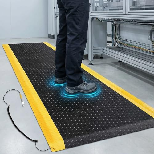 Drydiet Anti-Ermüdungsmatte, ESD-leitfähiges Pad mit Erddraht, ergonomische Standbodenmatte, robuste Diamantplatten-Oberfläche für gewerbliche und industrielle Arbeiten, dick, 1,9 cm, schwarz mit