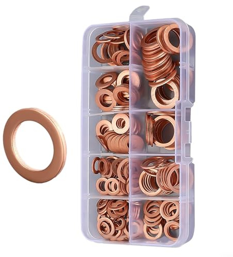 Pumixiy 200pcs Copper Crush Washer Seal Ring Gasket Kit for Engine Oil Drain Assortment Hydraulic Rubber Metal Engine Oil Crush Washers for Car Motorcycle Repairs