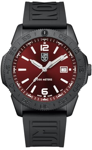 Luminox Pacific Diver Herren Taucheruhr 44 mm Edelstahl – Quarz Analog 20 bar, Kautschukarmband Schwarz, rotes Zifferblatt, Datum, Leuchtzeiger XS.3135.B