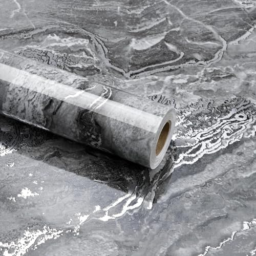 wishFIRE Marble Peel and Stick Wallpaper Grey Silver (40x200cm) - Thick Marble Look Self-Adhesive & Waterproof Wallpaper, High Gloss Vinyl Film for Kitchen & Furniture