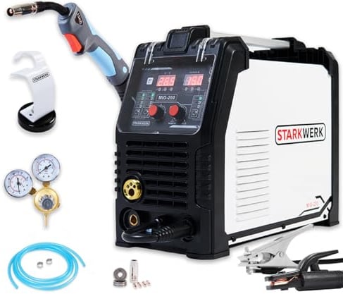 Starkwerk Schutzgasschweißgerät Schweißgerät Synergic MIG/MAG 200 Digitale Anzeige mit 200 Ampere MMA E-Hand/ARC- FLUX Fülldraht, Lift -TIG-Funktion, synergischer Drahtvorschub, Spot-Funktion