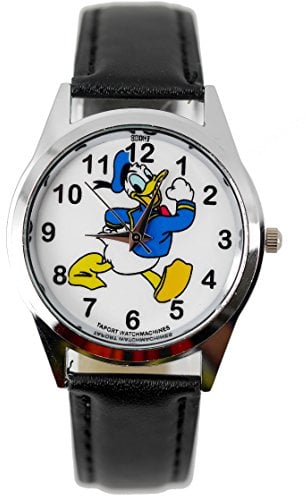 TAPORT® Kinder Uhr Analog Quarzwerk mit Leder armband Disney Donald Duck Schwarz Rund