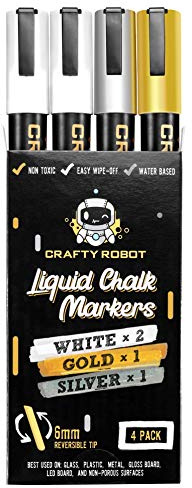 Liquid Chalk Marker Pen, Metallic Wet Erase Marker, Chalk Markers (White, Gold & Silver) for Chalkboard Signs, Windows, Blackboard, Glass, 6mm Reversible Tip (4 pack), 24 Chalkboard Labels Included
