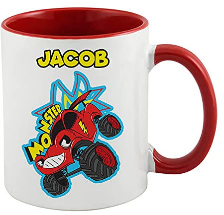 Personalised Funny Monster Truck Gift for Kids-Boys Toddlers Birthday Gift Coffee Tea Mug Unique Inside Coloured Ceramic Mug. (Red Inside Coloured and Handle)