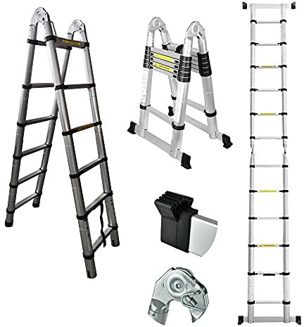 3.8M / 1.9M+ 1.9M Foldable Ladders A Frame Telescopic Aluminium Extendable Extension 12 Steps150kg Max. Capacity Multipurpose Climb Ladder Portable Loft Attic for Business Home Work DIY Builder