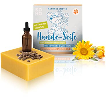 SOHO Naturkosmetik Hundeshampoo sensitiv, vegan (110g) • Shampoo für Hunde & Welpen • Natürliche Fellpflege • Hundeseife mit Ringelblume