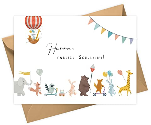 Karte zur Einschulung | Hurra, Endlich Schulkind | Glückwunschkarte Einschulung | DIN A6, Bunt
