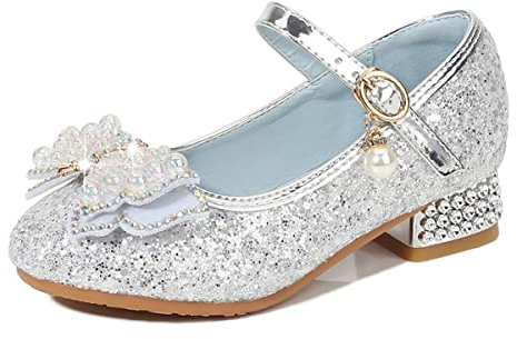 Monissy Scarpe da Principessa Festa Lustrino Compleannoda Danza Latina Bambini Tacco con Paillettes Scarpe Bambina Tacco Cerimonia Carnevale Halloween Festa Scarpe,Argent,26