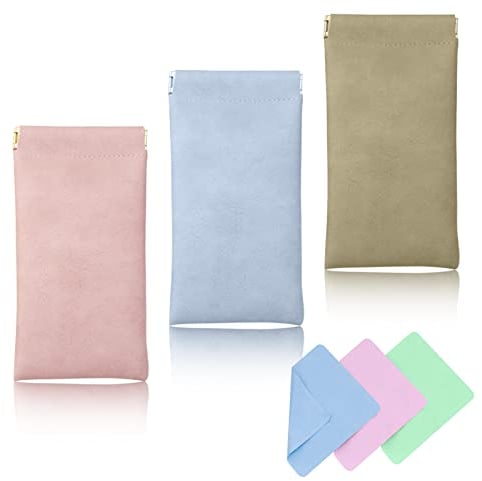 NCOALE Leather Glasses Case, 3 Pack Portable Squeeze Top Soft Glasses Pouch Water Proof Sunglasses Case Pouch with Cleaning Cloth, Eyeglass Storage Bags for Women Men Kids